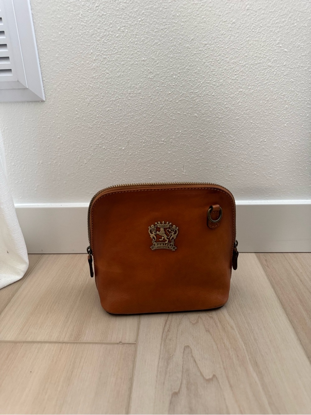 Tan Leather Cross-body Bag with Crest Detail